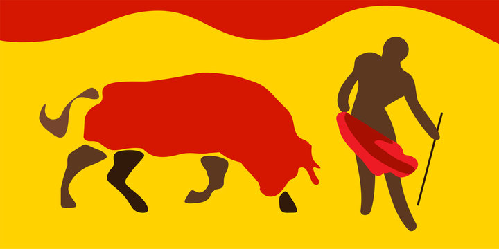 Vector illustration for traditional spanish corrida. Bull and toreador or matador. One of the symbols of Spain.