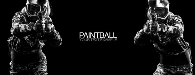 Paintball game and lasertag soldiers in military isolated on black background. Poster concept with copy space. Sport concept. - obrazy, fototapety, plakaty