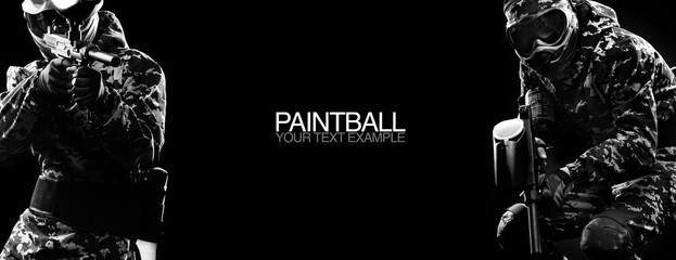 Paintball game and lasertag soldiers in military isolated on black background. Poster concept with...