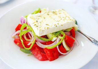 traditional greek salad with the white cheese feta at a tavern