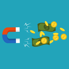 Magnet attracts money. Vector illustration, flat style red magnet draws a profit,