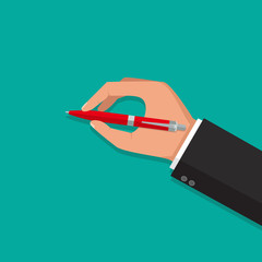 Vector isolated illustration, flat design. Man holds a pen and writes. Pen in hand.
