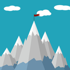 Business concept. Mountains. Flag on top of the mountain. Success symbol. Vector graphics, flat style