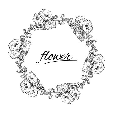 Vector floral wreath. Ink sketch in black and white