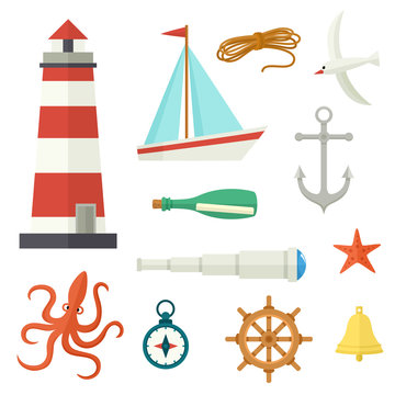 Big set of flat cartoon nautical elements lighthouse, anchor, compass, ship, rope, seagull, steering wheel, telescope, bell, letter octopus starfish vector illustration isolated on white background