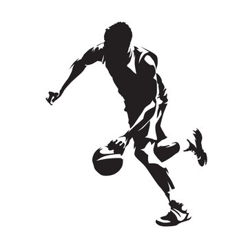Running basketball player with ball, abstract vector silhouette