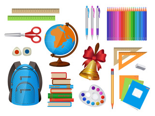 Set of school items - backpack, pen, pencil, ruler, globe, books, notebooks and many others, cartoon vector illustration isolated on white background. Set of isolated cartoon school items
