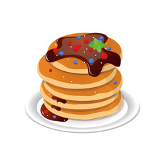 Vector illustration. Fresh tasty hot pancakes with sweet maple syrup. Cartoon icon isolated on background. Vintage restaurant sign.