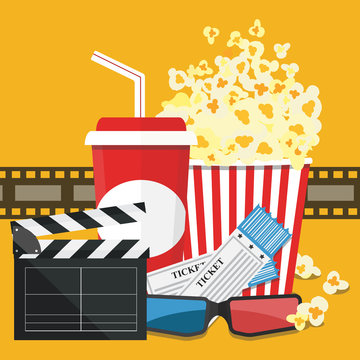 Vector illustration. Popcorn and drink. Film strip border. Cinema movie night icon in flat design style. Bright background.