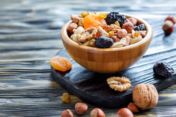 Bowl with a mixture of nuts and dried fruits.