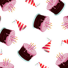 Cake, candles, cap, cone. Vector. Bright birthday pattern.