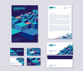 Vector illustration of stationery with sheet, folder, envelope, business cards