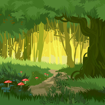 Fabulous bright green summer magical forest vector background mushrooms