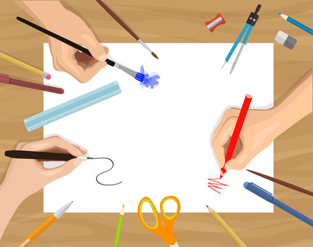 Vector flat illustration of hands painting, drawing and crafting on white paper with space for your text on wooden table
