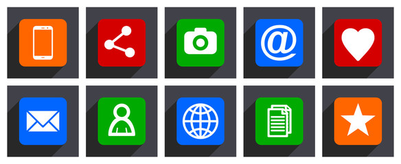 Flat design vector icons. Set of mobile phone, share, camera, email, love, heart, avatar, world, document and star signs.