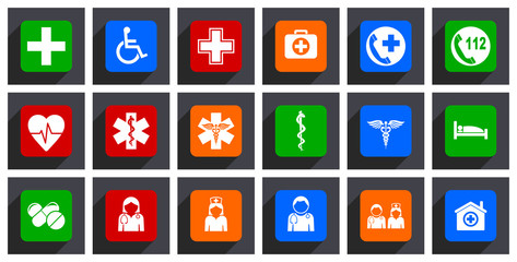 Medical flat design vector icons. Set of hospital, cross, wheelchair, first aid, emergency phone, 112 number, heart pulse, bed, drugs, doctor, nurse and people signs.