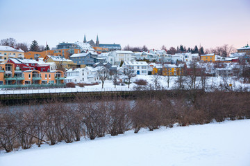 Winter view of houses in Trondheim city Norway