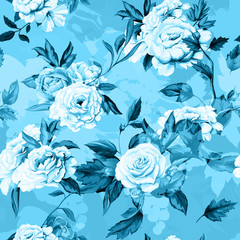Seamless background pattern of roses, peony, cornflowers (blue-bonnet), roses buds with leaves on blue. Watercolor, hand drawn. Vector - stock
