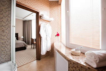 Fototapeta na wymiar Modern luxury bathroom with shower cabin and window. Interior design.