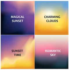 Set of four blurred backgrounds. Magical sunset, charming clouds, sunset time and romantic sky