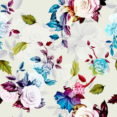 Seamless background pattern of colored peony, roses with leaves on white. Vector - stock.