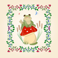  Postcard with a frog and a frame of berries2