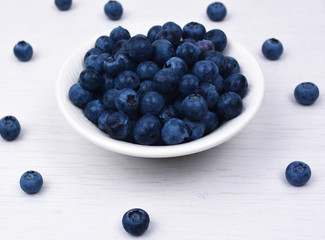 Freshly picked blueberries in a white bowl.