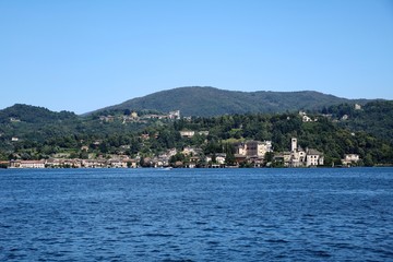 View to Orta San Giulio from Lake Orta, Piedmont Italy 