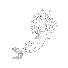 Cute cartoon mermaid and fish. Siren. Sea theme. isolated objects on white background.