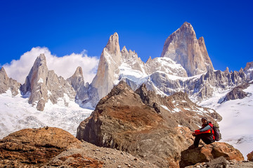 Trekker at the base of Mount Fitz Roy