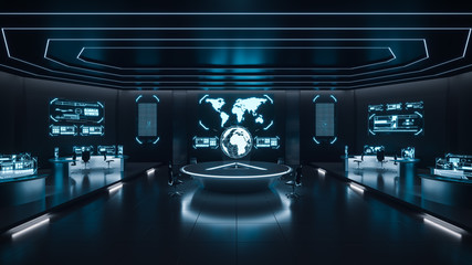 Command center interior, cybersecurity, room, blue - obrazy, fototapety, plakaty