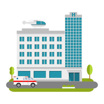 City hospital building with ambulance flat style and the car and the helicopter of medical care.Concept for infographics and design