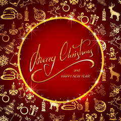 Lettering Merry Christmas on red background with golden decoration