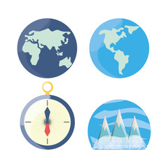 set global maps with compass and snowy mountains concept