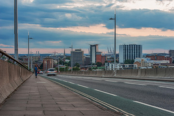 The Itchen road bridge over the River Itchen in Southampton, captured at early nightfall