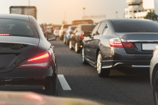 traffic jam with row of cars on toll way