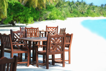 View of beach cafe at sea resort. Summer vacation concept