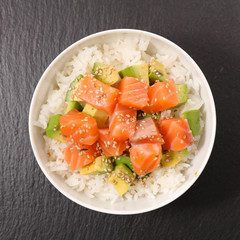 bowl of rice with avocado and salmon