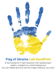 Imprint of left hand in blue and yellow paints, colors flag of ukraine isolated - obrazy, fototapety, plakaty
