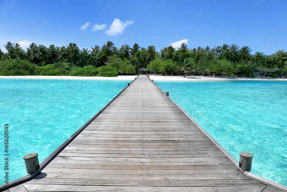 Sticker wooden pontoon at sea resort on summer day