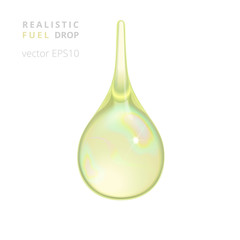 Gasoline drop. Vector realistic 3D droplet of high-quality fuel. Fine detailed drip of natural shape with a thin long tail and refraction. Light greeny shades with a rainbow effect. Isolated object.