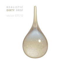 Dirty water droplet with grains of sand. Vector realistic 3D polluted drop of water from puddle. Detailed drip of natural shape with a thin tail and refraction. Taupe and gray tints. Isolated object.