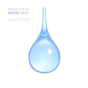 Clean water drop. Vector realistic 3D droplet of pure water, rain, tear or dew. Beautiful convex drip of natural shape with a thin long tail and refraction. Light shades of blue. Isolated object. 