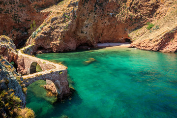 Acess bridges to Berlengas São João Baptista's fort surrounded by crystal water in Berlenga...