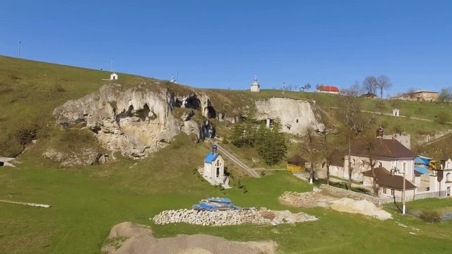 Aerial view cave in rock of sunny day