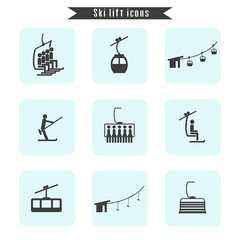 Set of ski cable lift icons for ski and winter sports.