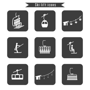 Set of ski cable lift icons for ski and winter sports.