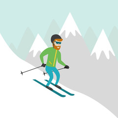 Ski resort illustration with skier and mountains.