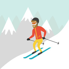 Ski resort illustration with skier and mountains.