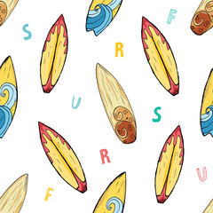 Surf boards seamless pattern hand drawn sketch background, typography design vector illustration